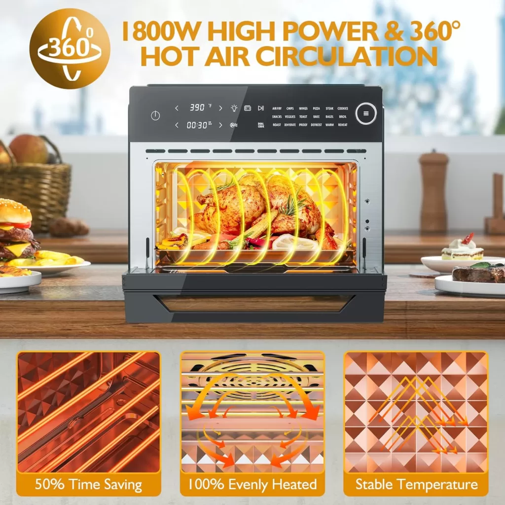 APEXCHASER Air Fryer Toaster Oven Combo, 32QT/30L Large Countertop Convection Toaster Oven, 18-in-1 Functions, Fits 13 Pizza, 9-Slice Toast and 13 Lbs Chicken, Basket, Tray(4 Accessories) Included