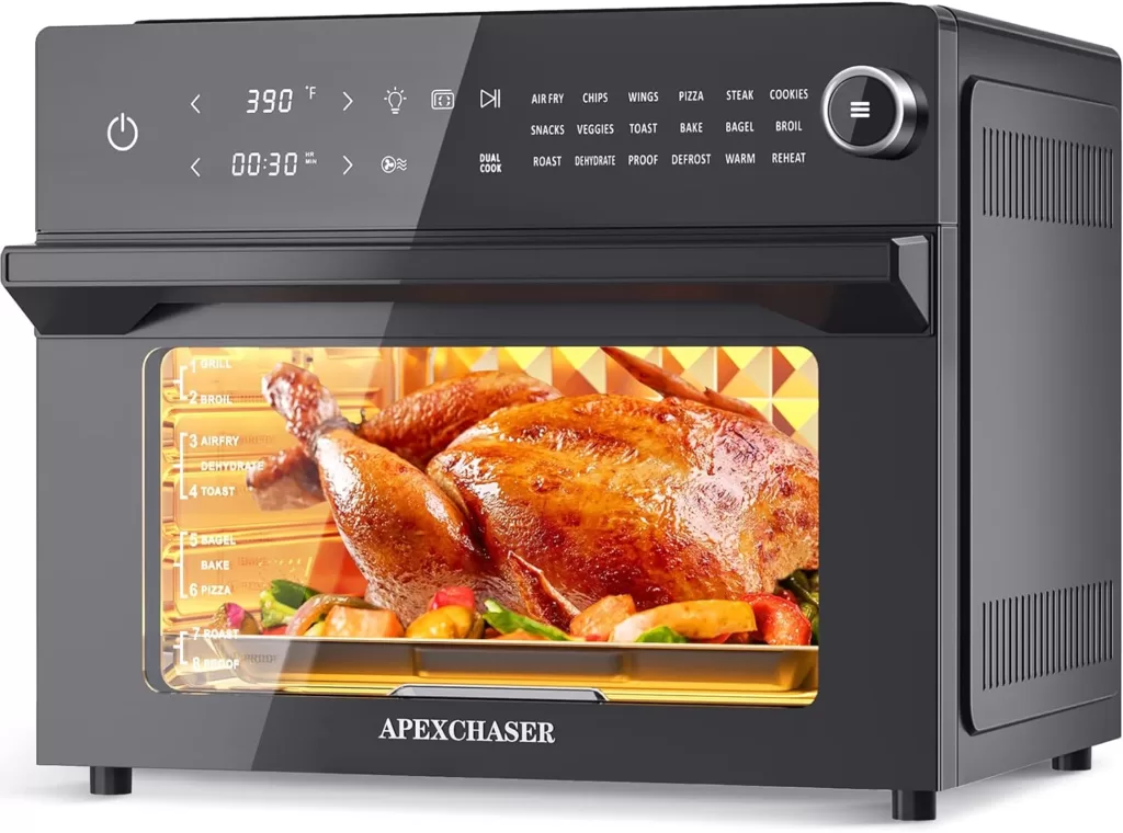 APEXCHASER Air Fryer Toaster Oven Combo, 32QT/30L Large Countertop Convection Toaster Oven, 18-in-1 Functions, Fits 13 Pizza, 9-Slice Toast and 13 Lbs Chicken, Basket, Tray(4 Accessories) Included