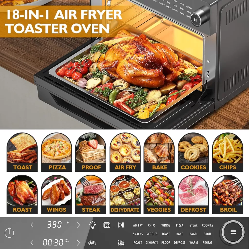 APEXCHASER Air Fryer Toaster Oven Combo, 32QT/30L Large Countertop Convection Toaster Oven, 18-in-1 Functions, Fits 13 Pizza, 9-Slice Toast and 13 Lbs Chicken, Basket, Tray(4 Accessories) Included