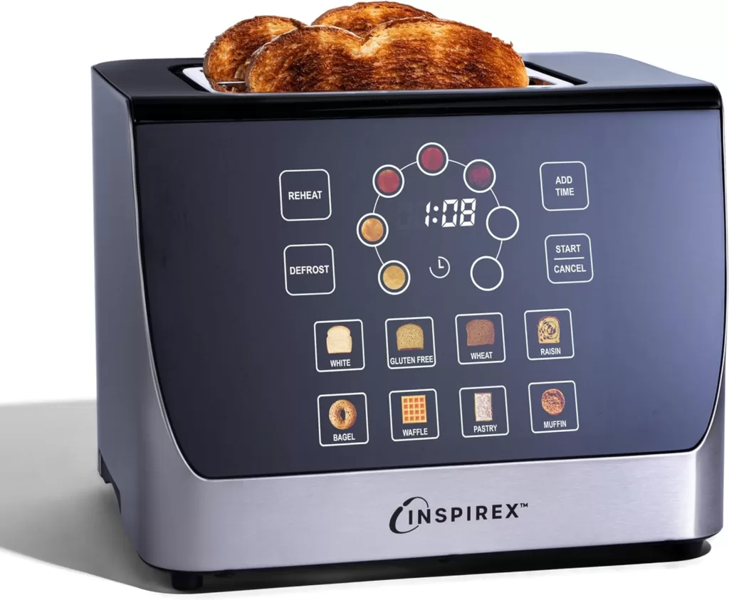 Inspirex Touch Screen Display Smart Toaster, 2 Slice with 8 Bread Type and 7 Browning Modes, Automatic Lowering and Raising, Digital Countdown, Modern Style, Stainless Steel