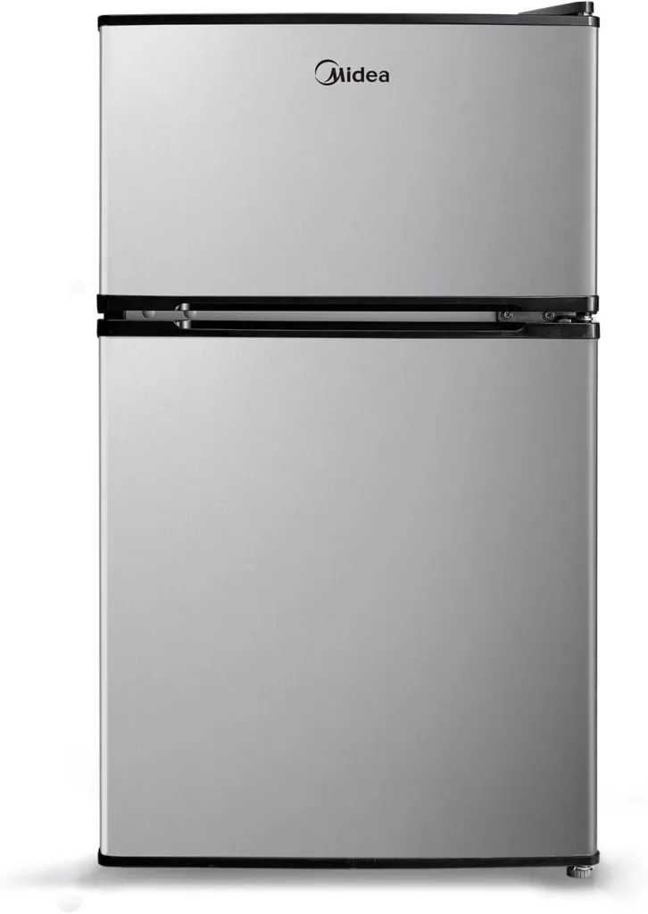 Midea WHD-113FSS1 Compact Refrigerator, 3.1 cu ft, Stainless Steel  TOSHIBA EM131A5C-SS Countertop Microwave Oven, 1.2 Cu Ft with 12.4 Turntable, Smart Humidity Sensor with 12 Auto Menus