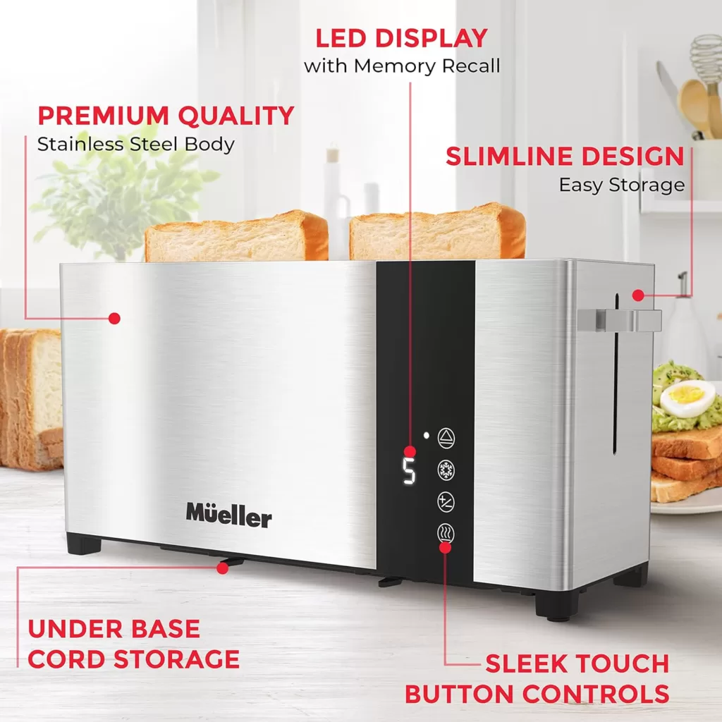 Mueller UltraToast Full Stainless Steel Toaster 4 Slice, Long Extra-Wide Slots with Removable Tray, Cancel/Defrost/Reheat Functions, 6 Browning Levels with LED Display