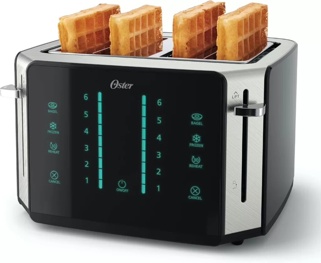 Oster 2-Slice Toaster, Touch Screen with 6 Shade Settings and Digital Timer, Black/Stainless Steel