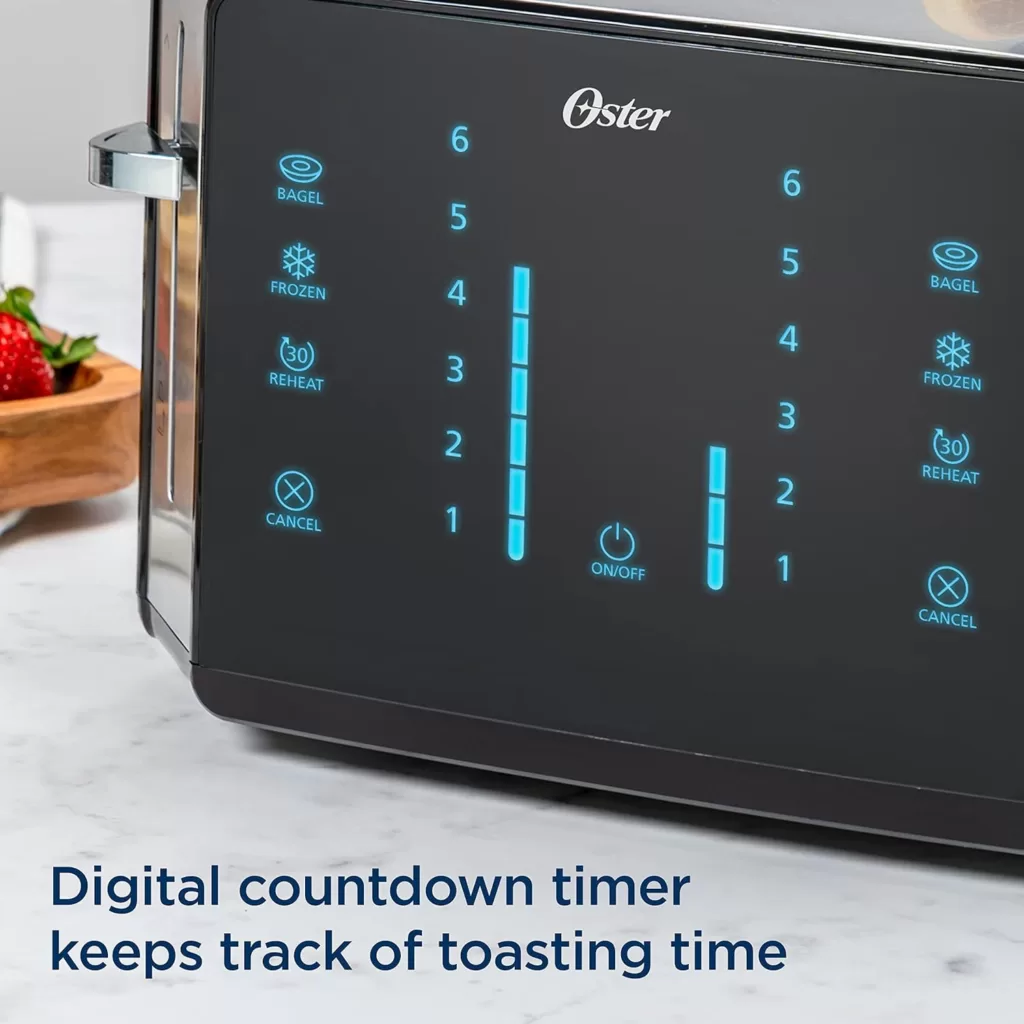 Oster 2-Slice Toaster, Touch Screen with 6 Shade Settings and Digital Timer, Black/Stainless Steel