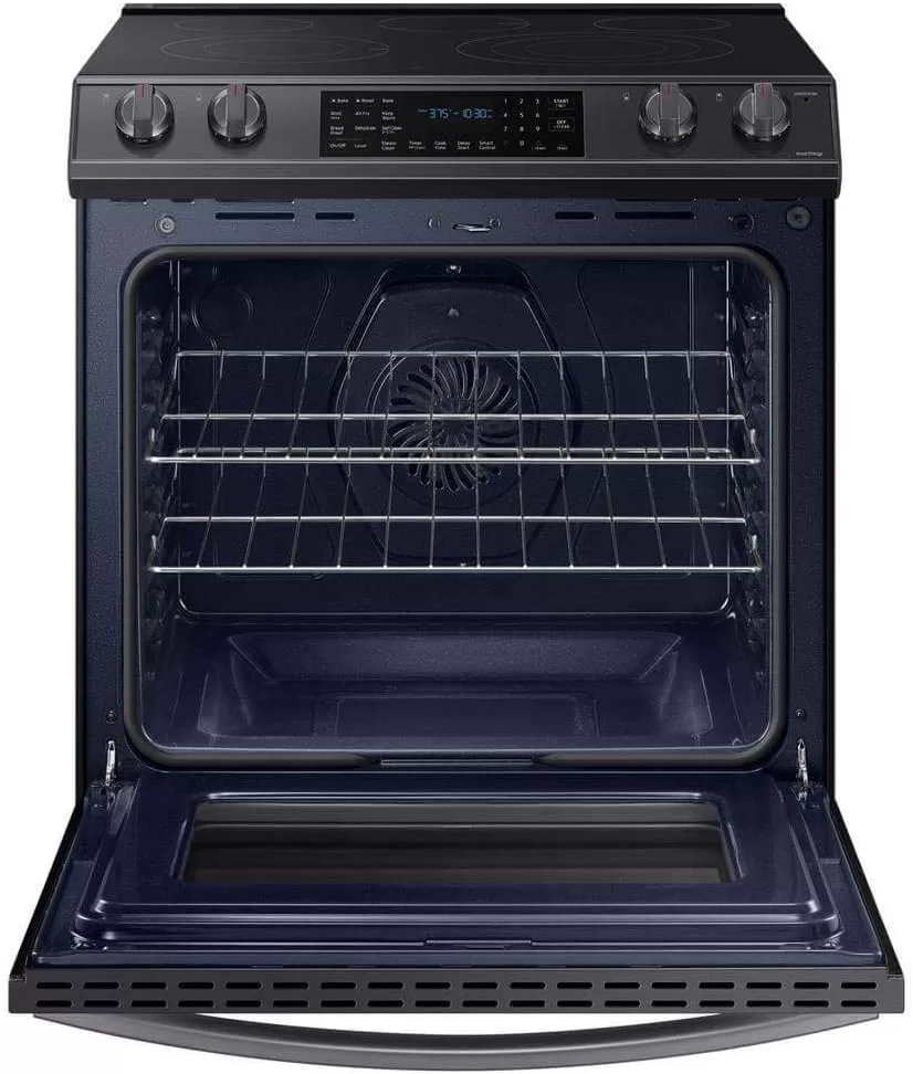 SAMSUNG 6.3 Cu Ft Smart Front Control Slide-In Electric Range Kitchen Stove w/ Air Fry, Convention+, Wi-Fi, Large Oven Capacity, NE63T8511SG/AA, Fingerprint Resistant Stainless Steel, Black