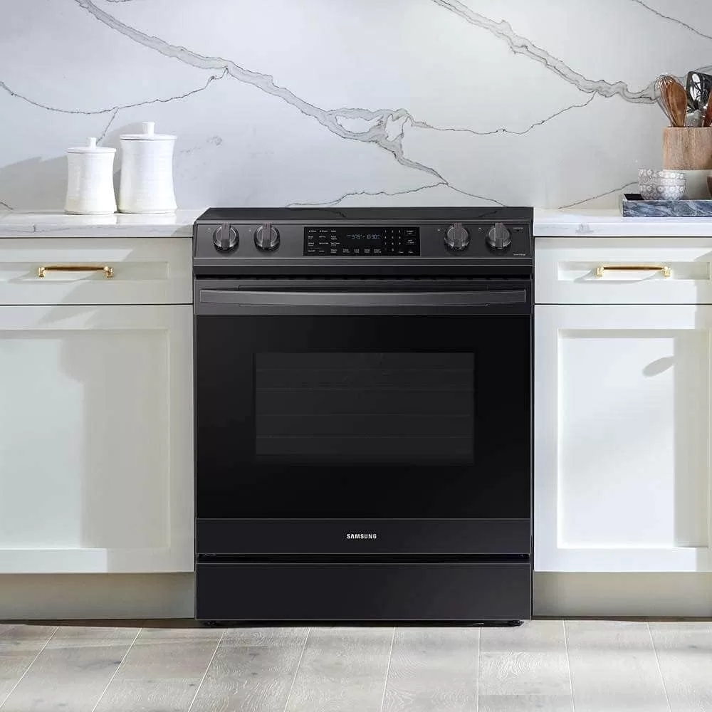 SAMSUNG 6.3 Cu Ft Smart Front Control Slide-In Electric Range Kitchen Stove w/ Air Fry, Convention+, Wi-Fi, Large Oven Capacity, NE63T8511SG/AA, Fingerprint Resistant Stainless Steel, Black