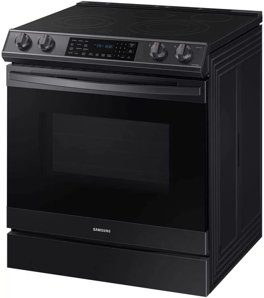 SAMSUNG 6.3 Cu Ft Smart Front Control Slide-In Electric Range Kitchen Stove w/ Air Fry, Convention+, Wi-Fi, Large Oven Capacity, NE63T8511SG/AA, Fingerprint Resistant Stainless Steel, Black