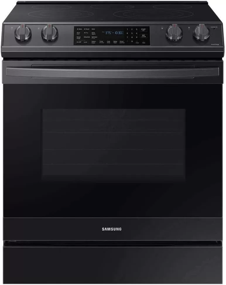 SAMSUNG 6.3 Cu Ft Smart Front Control Slide-In Electric Range Kitchen Stove w/ Air Fry, Convention+, Wi-Fi, Large Oven Capacity, NE63T8511SG/AA, Fingerprint Resistant Stainless Steel, Black