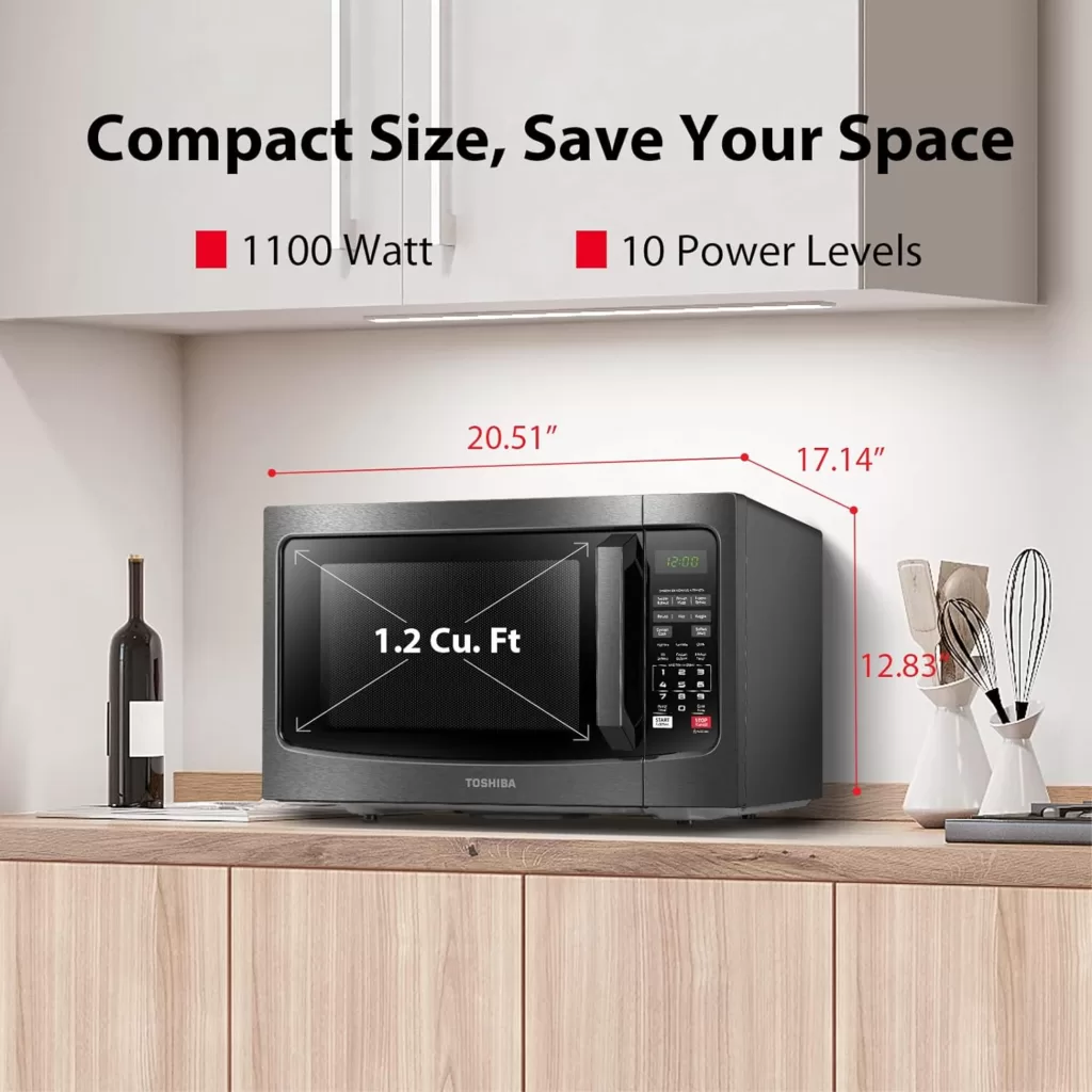 TOSHIBA EM131A5C-BS Countertop Microwave Ovens 1.2 Cu Ft, 12.4 Removable Turntable Smart Humidity Sensor 12 Auto Menus Mute Function ECO Mode Easy Clean Interior Black Color 1100W