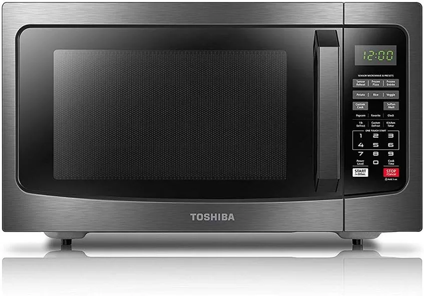 TOSHIBA EM131A5C-BS Countertop Microwave Ovens 1.2 Cu Ft, 12.4 Removable Turntable Smart Humidity Sensor 12 Auto Menus Mute Function ECO Mode Easy Clean Interior Black Color 1100W