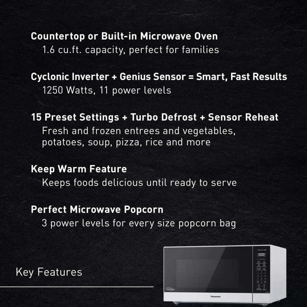 Panasonic NN-SN75LW cu.ft Cyclonic Inverter Countertop Microwave Oven 1250Watt Power with Genius Sensor Cooking, 1.6 cft, White