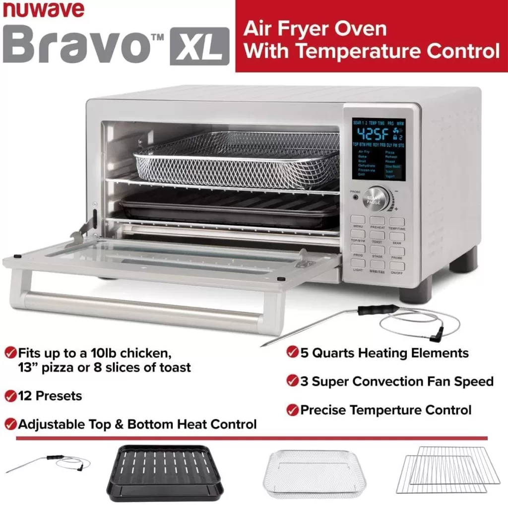 Nuwave Bravo XL Air Fryer Toaster Oven, 12-in-1 Countertop Convection, 30-QT Capacity, Integrated Temperature Probe, 50°-500°F Temperature Controls, Brushed Stainless Steel Look (Renewed)