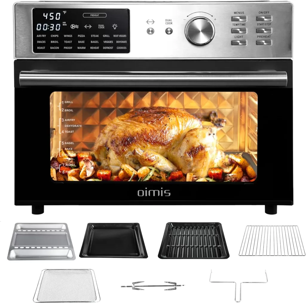 OIMIS Air Fryer Toaster Oven, 32QT Toaster Oven 21-in-1 Extra Large Countertop Convection Rotisserie Oven Patented Dual Air Duct System with 6 Accessories Recipes Black