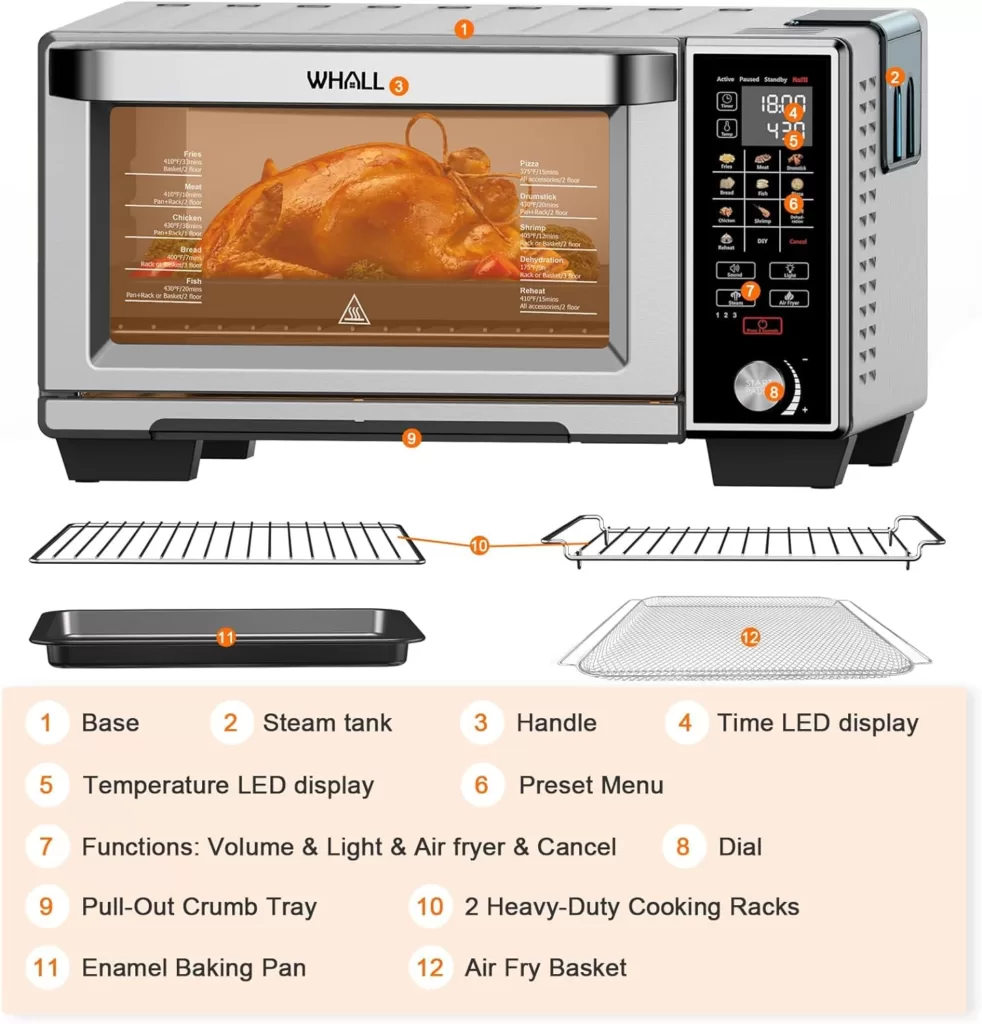 WHALL Toaster Oven Air Fryer, Max XL Large 30-Quart Smart Oven,11-in-1 Toaster Oven Countertop with Steam Function,12-inch Pizza,6 slices of Toast, 4 Accessories Included, Stainless Steel /1700W/CS