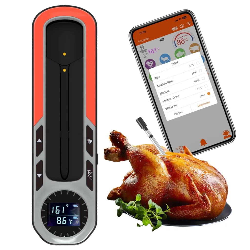 500ft Smart Wireless Meat Thermometer for Grilling, Wireless Thermometer with IP66 Waterproof, Bluetooth Meat Thermometer for Gift, Kitchen, Smoker, BBQ, Oven, Rotisserie | iOS  Android