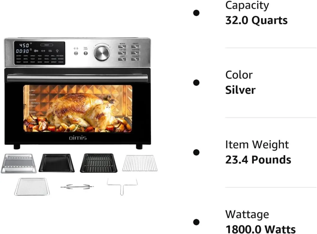 Air Fryer Toaster Oven, 32QT Stainless Steel Toaster Oven 21-in-1 Extra Large Countertop Convection Rotisserie Oven Patented Dual Air Duct System with 7 Accessories Recipes