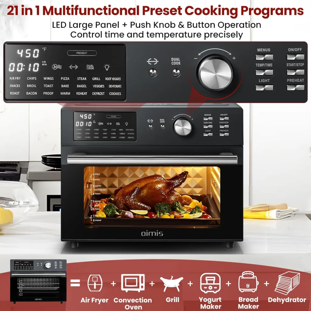 Air Fryer Toaster Oven, 32QT Stainless Steel Toaster Oven 21-in-1 Extra Large Countertop Convection Rotisserie Oven Patented Dual Air Duct System with 7 Accessories Recipes