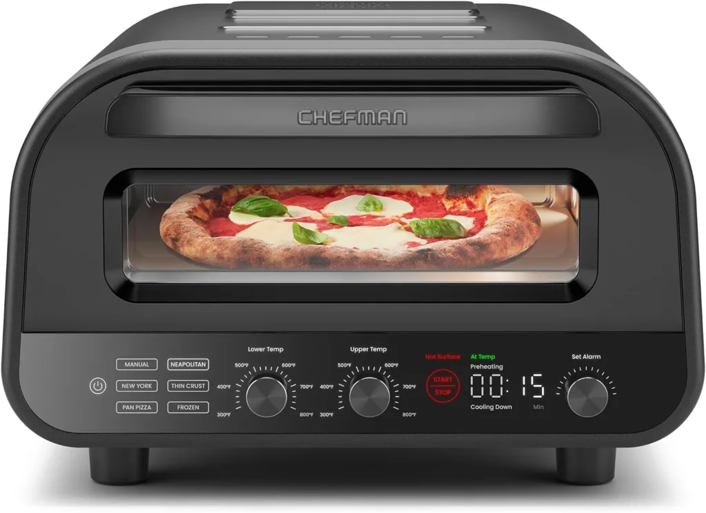 CHEFMAN Indoor Pizza Oven - Makes 12 Inch Pizzas in Minutes, Heats up to 800°F - Countertop Electric Pizza Maker with 5 Touchscreen Presets, Pizza Stone and Peel Included - Stainless Steel