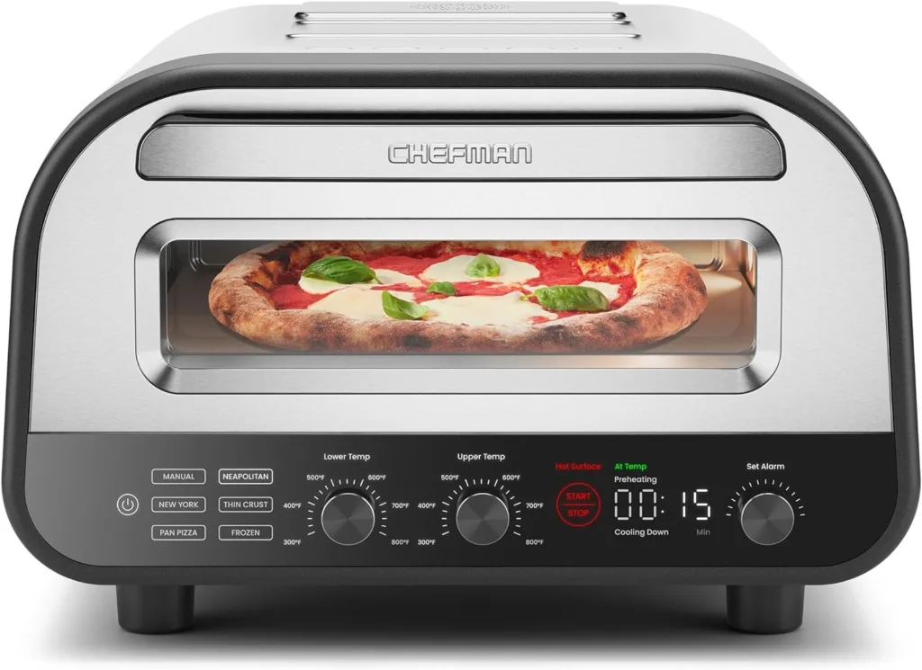 CHEFMAN Indoor Pizza Oven - Makes 12 Inch Pizzas in Minutes, Heats up to 800°F - Countertop Electric Pizza Maker with 5 Touchscreen Presets, Pizza Stone and Peel Included - Stainless Steel