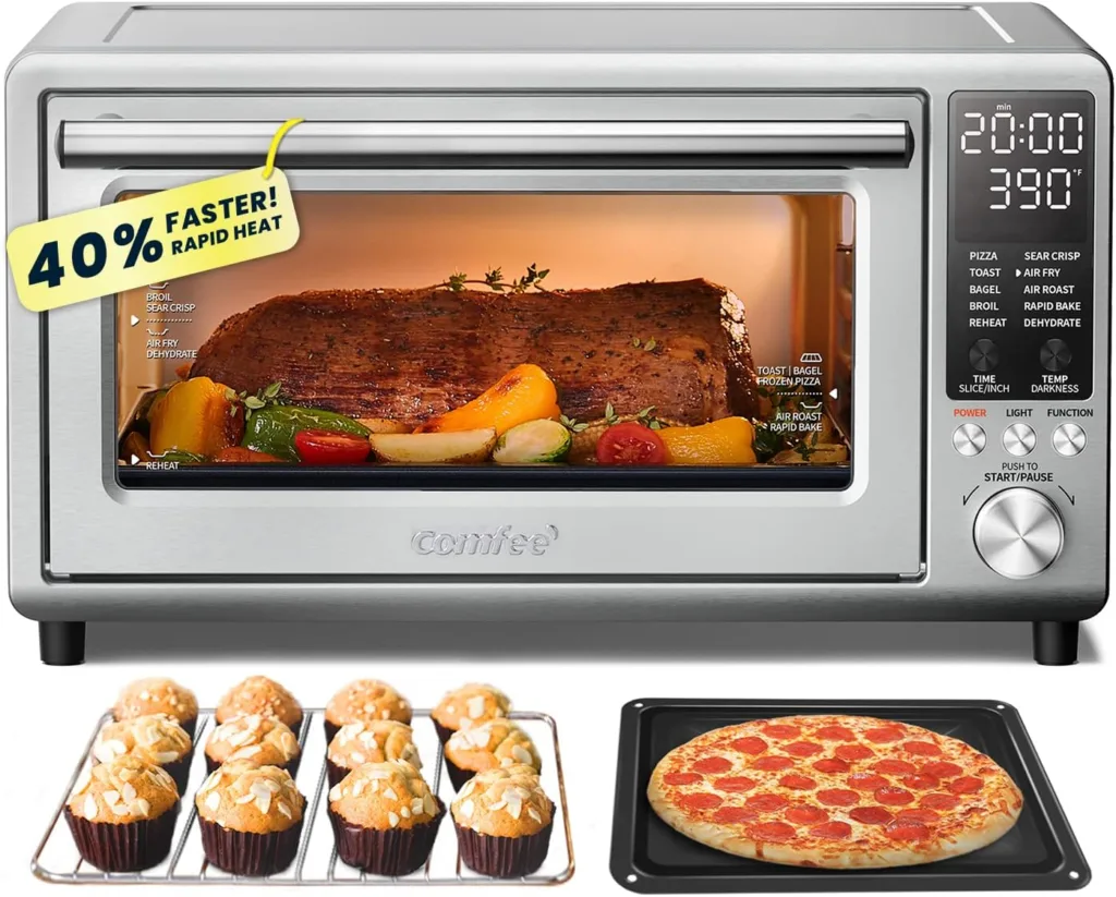 COMFEE Air Fryer Toaster Oven FLASHWAVE™ Ultra-Rapid Heat Technology, Convection Toaster Oven Countertop with Bake Broil Roast, 6 Slices Fits 12’’ Pizza 24QT, 4 Accessories 1750W Stainless Steel