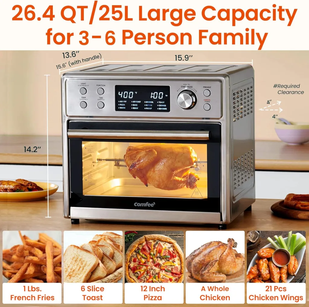 COMFEE Toaster Oven Air Fryer Combo, 12-in-1 Air Fryer Oven with Rotisserie, 6 Slice Toast 12 Pizza, Double Layer, Countertop Convection, 25L/26.4QT, Precise Temp Control, 6 Accessories