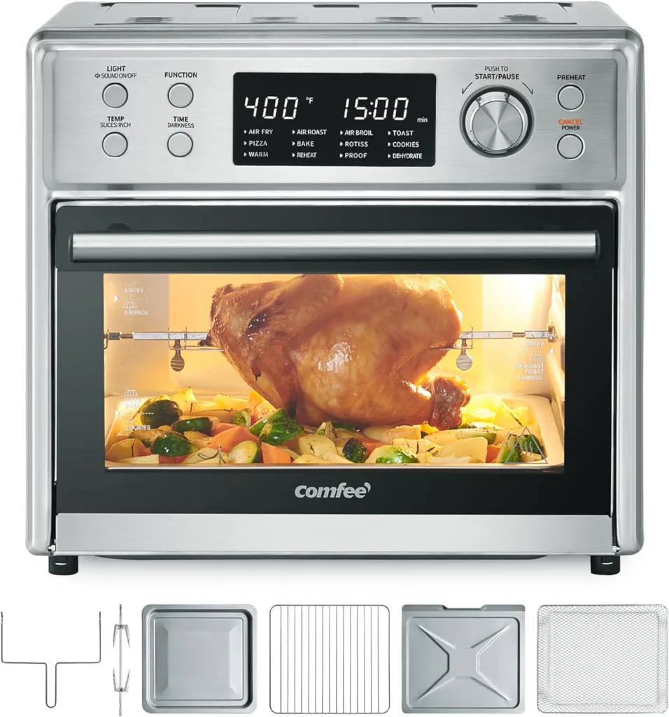 COMFEE Toaster Oven Air Fryer Combo, 12-in-1 Air Fryer Oven with Rotisserie, 6 Slice Toast 12 Pizza, Double Layer, Countertop Convection, 25L/26.4QT, Precise Temp Control, 6 Accessories