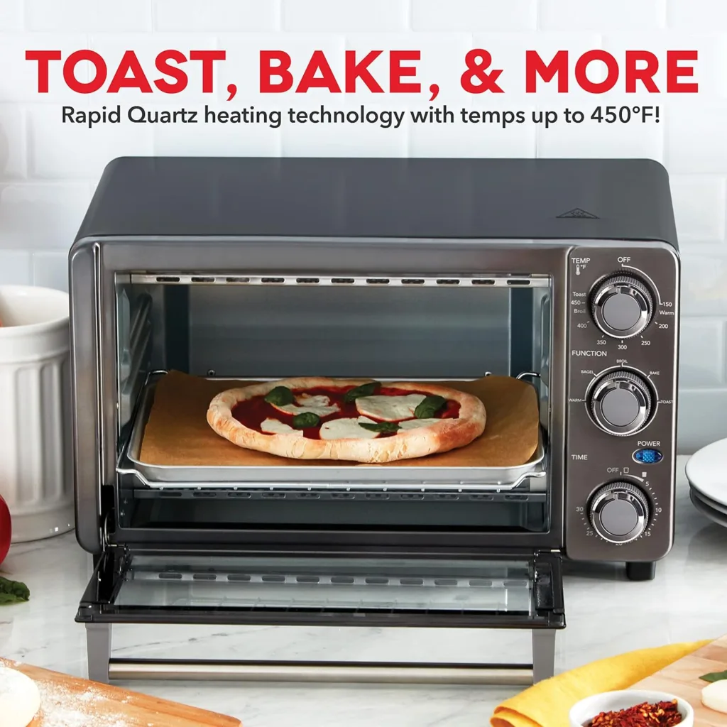 Dash Express Countertop Toaster Oven with Quartz Technology, Bake, Broil, and Toast with 4 Slice Capacity and Pizza Capability – Black