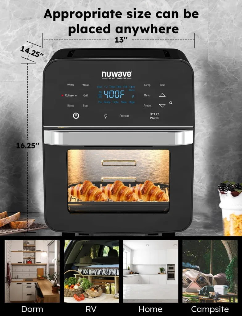 Nuwave Brio 15.5Qt Air Fryer Rotisserie Oven, X-Large Family Size, Powerful 1800W, 4 Rack Positions, 50°-425°F Temp Controls, 100 Presets  50 Memory, Integrated Smart Thermometer, Linear T Technology