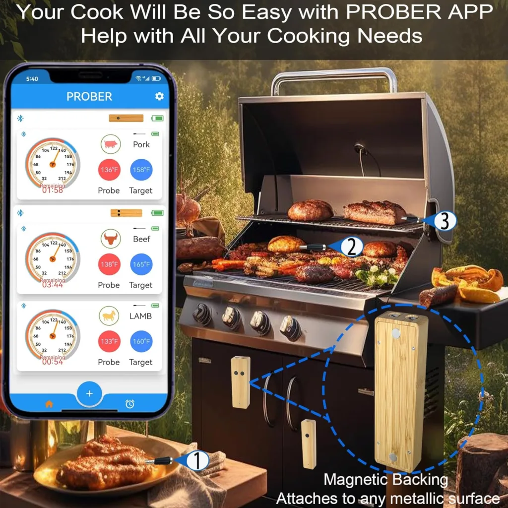 Smart Wireless Meat Thermometer 360FT APP Control Bluetooth Wireless Digital Cooking Thermometer for Grilling and Smoking/BBQ/Oven/Smoker/Air Fryer/Stove (2*Probes)
