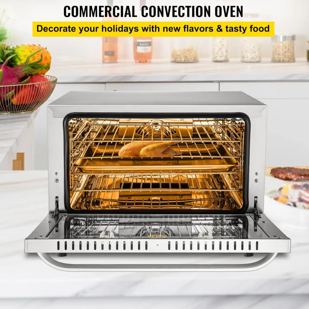 VEVOR Commercial Convection Oven, 47L/43Qt, Half-Size Conventional Oven Countertop, 1600W 4-Tier Toaster w/Front Glass Door, Electric Baking Oven w/Trays Wire Racks Clip Gloves, 120V