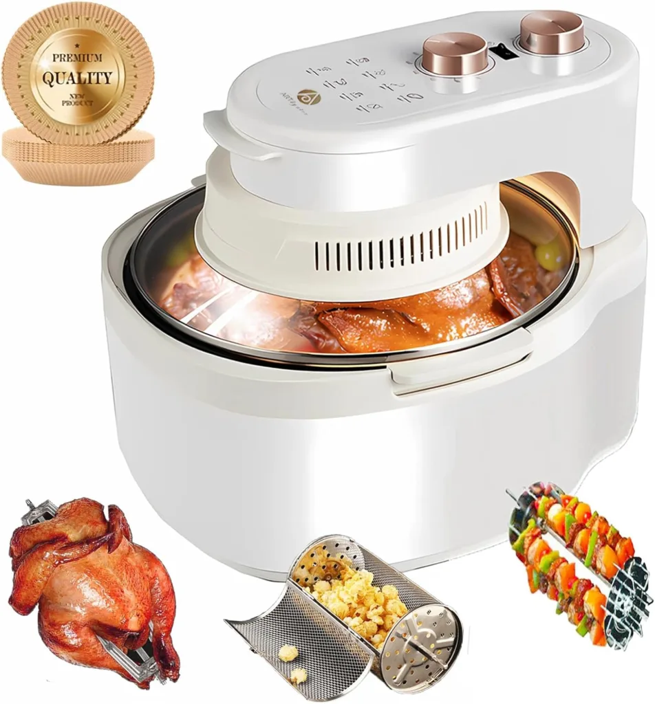 10-in-1 Functions Glass Air Fryer 8 Qt Large Capacity,Explosion-Proof,White Gold and Beige Cream Color,Rotating Grill Basket-Even Heating,Visible Window,Wont Burnt,No Smell