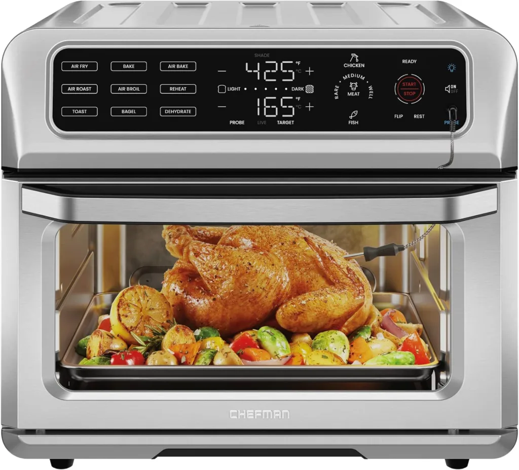 Chefman Air Fryer Toaster Oven Combo with Probe Thermometer, 12-In-1 Stainless Steel Convection Countertop, 10 Inch Pizza, 4 Slices of Toast, Cooking, Baking, Toasting, Roaster Oven Airfryer 20QT