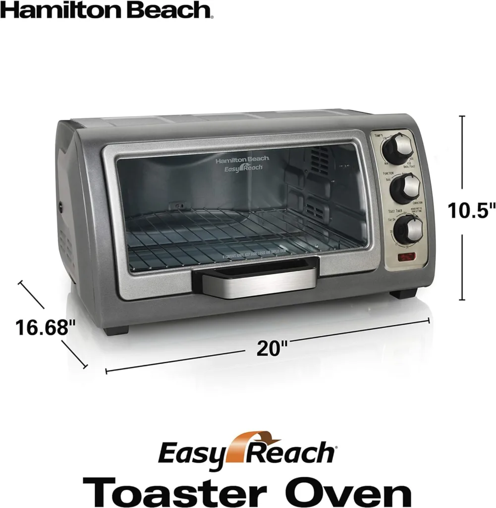 Hamilton Beach Toaster Oven Air Fryer Combo with Large Capacity, Fits 6 Slices or 12” Pizza, 4 Cooking Functions for Convection, Bake, Broil, Roll-Top Door, Easy Reach Sure-Crisp, Stainless Steel