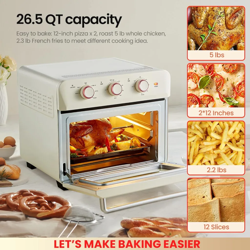 Hauswirt 26.5Qt Countertop Conventional Oven K5M, XL Air Fryer 12-Slice Toaster Reheat Bake Rotisserie Broil Dehydrate 10-in-1 Combo,1600 Watts,Non-Stick,Stainless Steel,Online Recipe Booklet