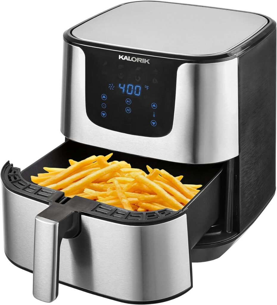 Kalorik Digital Air Fryer Pro 6 Quart Oilless Air Fryer XL, 5 Cooking Functions, 8 Smart Presets, Easy Touchscreen Controls, Nonstick Dishwasher Safe Basket and Trivet