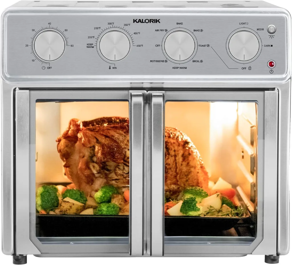 Kalorik MAXX® Air Fryer Oven, 26 Quart 9-in-1 Countertop Toaster Oven and Air Fryer Combo - Fry, Bake, Roast, Rotisserie,  More, 7 Easy-to-Clean Accessories, 1700W, Stainless Steel, AFO 47267 OW