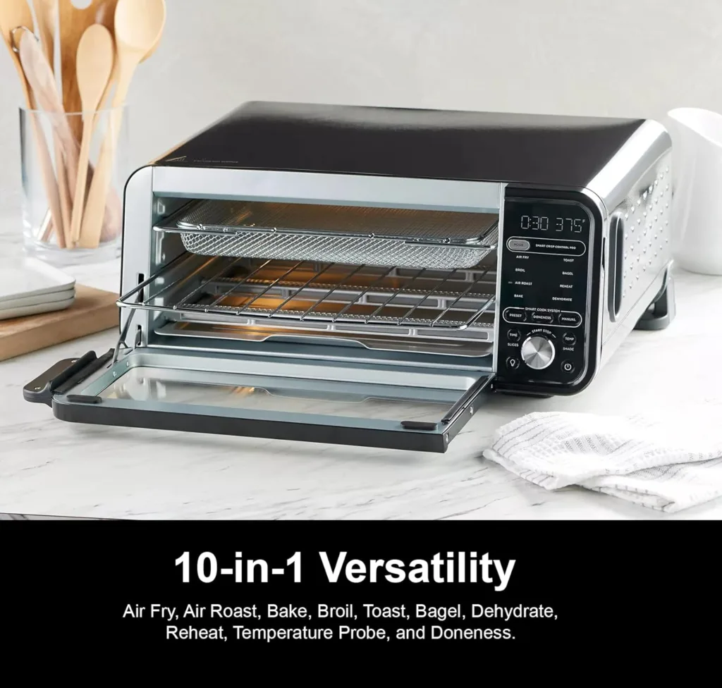 Ninja SP251Q Digital Air Fry Pro Countertop 10-in-1 Smart Oven w/Temperature Probe, Extended Height, XL Capacity, Flip Up Storage, w/Air Fry Basket, Wire Rack  Crumb Tray (Renewed) (Red)