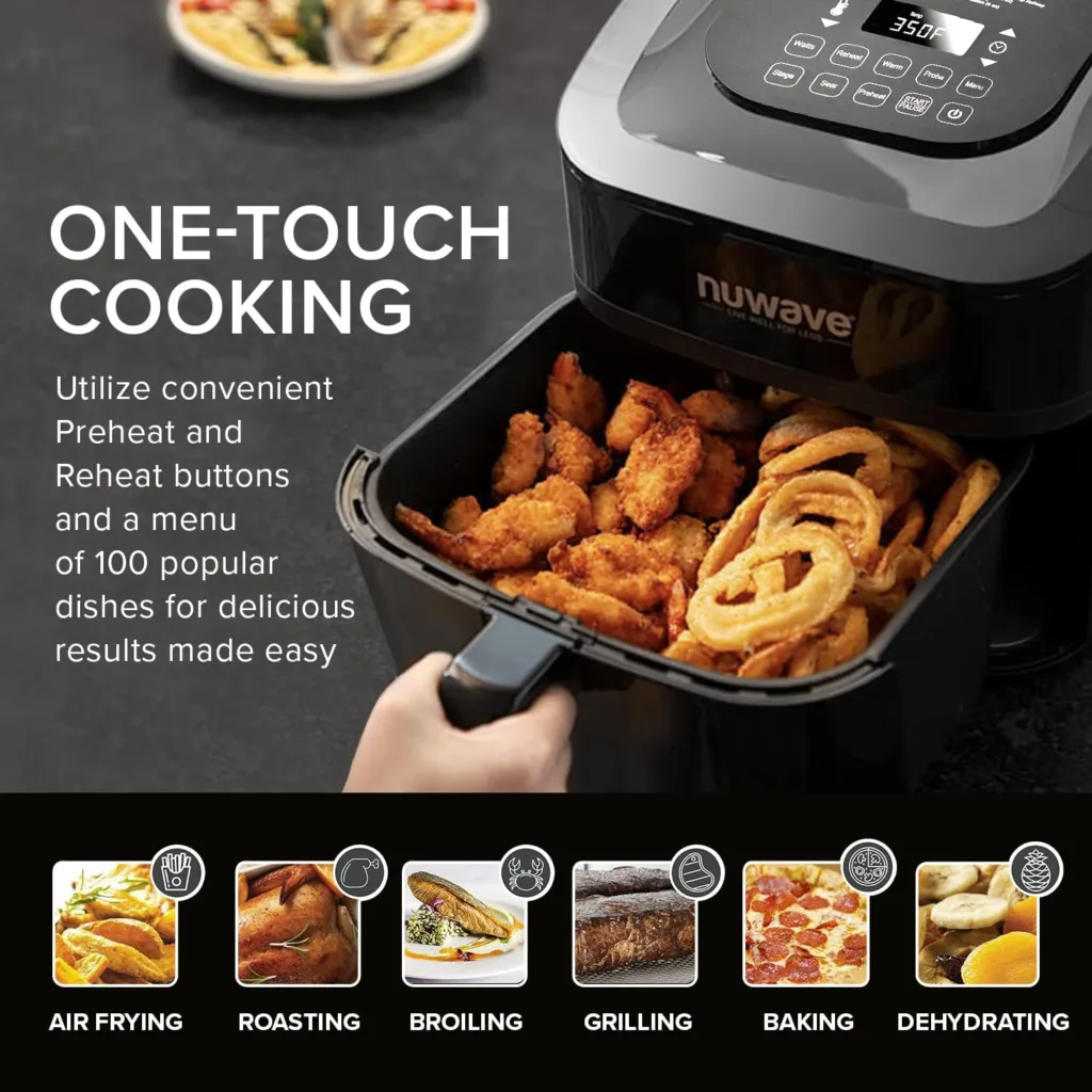 Nuwave Brio 8-Qt Air Fryer, Powerful 1800W, Easy-to-Read Cool White Display, 50°-400°F Temp Controls, 100 Pre-Programmed Presets  50 Memory Slots, Integrated Smart Thermometer, Linear T Technology