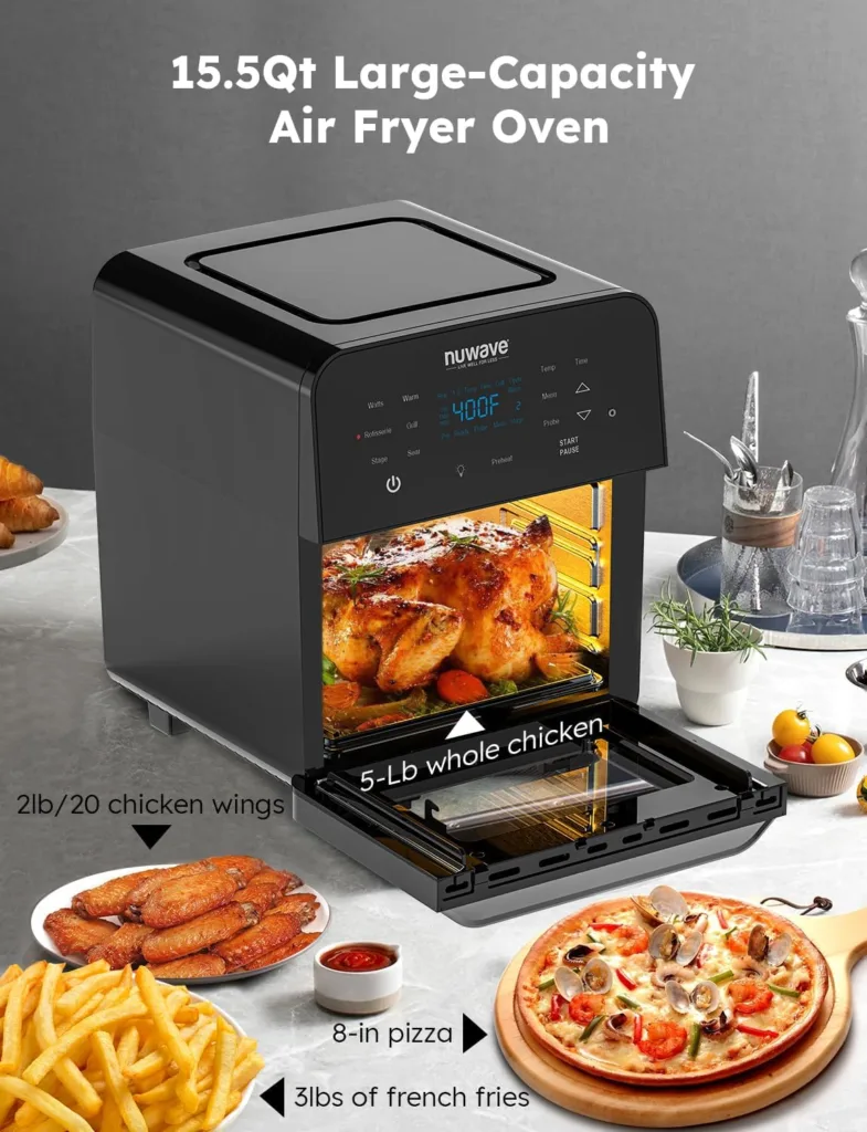 Nuwave Brio Air Fryer Oven, 15.5Qt X-Large Family Size, SS Rotisserie Basket Skewer-Kit, Reversible Ultra Non-Stick Grill/Griddle Plate, Powerful 1800W, Integrated Smart Thermometer,Black