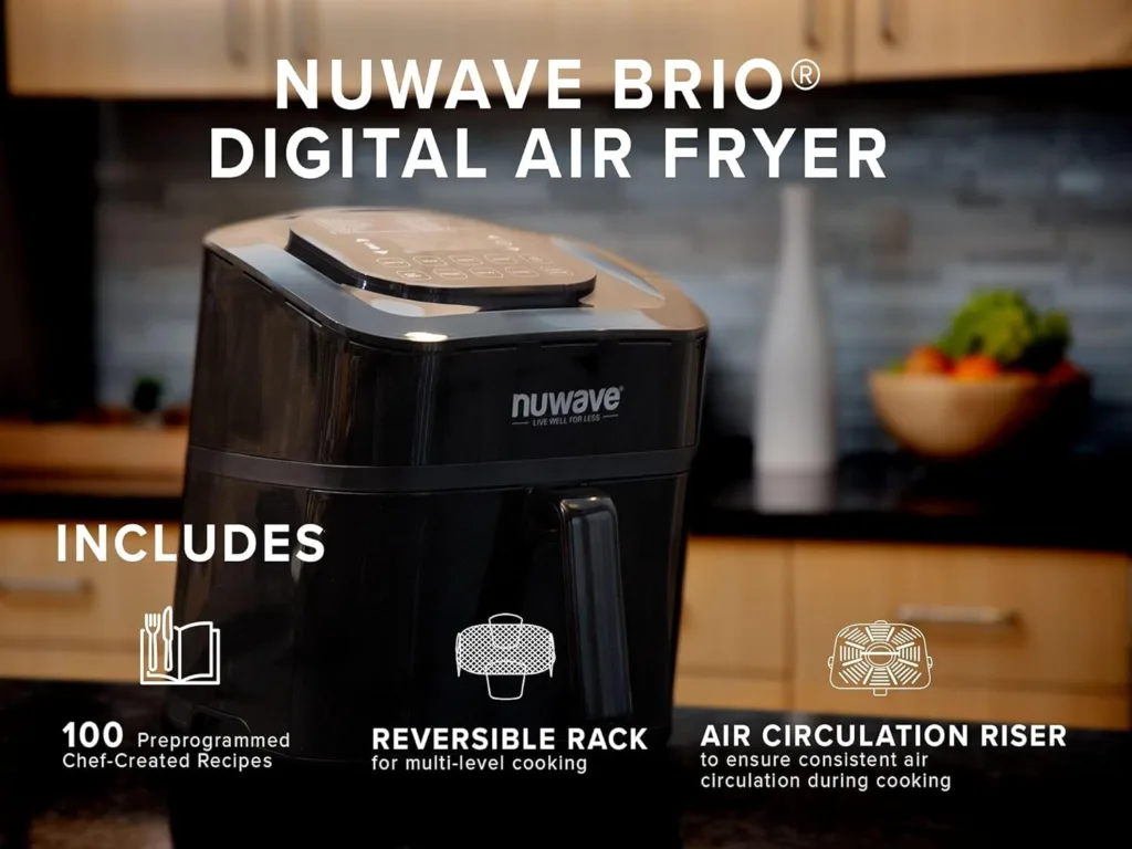 Nuwave Brio Air Fryer Oven, 15.5Qt X-Large Family Size, SS Rotisserie Basket Skewer-Kit, Reversible Ultra Non-Stick Grill/Griddle Plate, Powerful 1800W, Integrated Smart Thermometer,Black