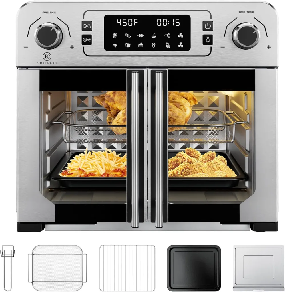 Toaster Oven Air Fryer Combo,10-in-1,10 Touch Screen Presets,25QT Large Countertop Oven,Stainless Steel French Door,5 Accessories Included, Temperature Control