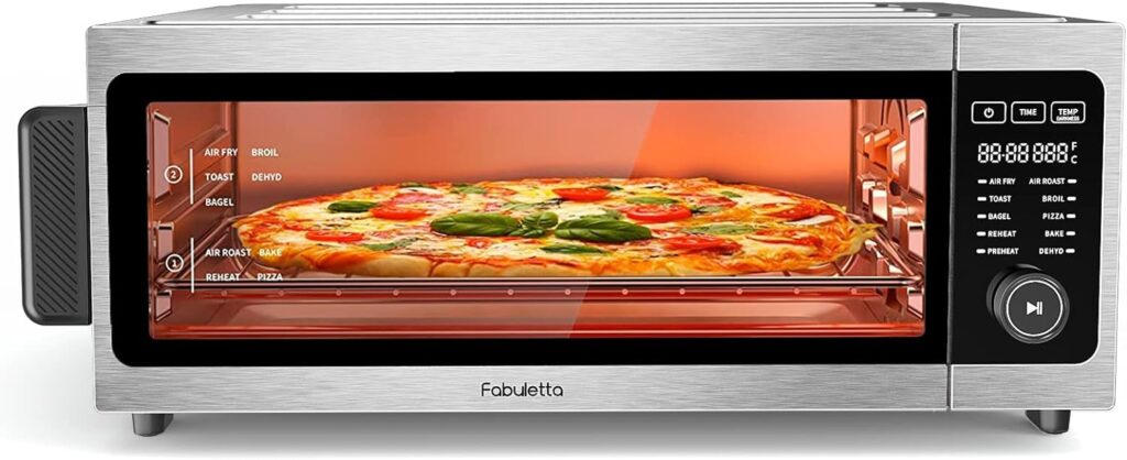 Air Fryer Toaster Oven Combo, Fabuletta 10-in-1 Toaster Ovens Countertop 1800W, 100-450°F Temperature Control，Flip Up  Away Capability for Storage Space, Enamel Baking Pan Easy Clean with Recipe Book