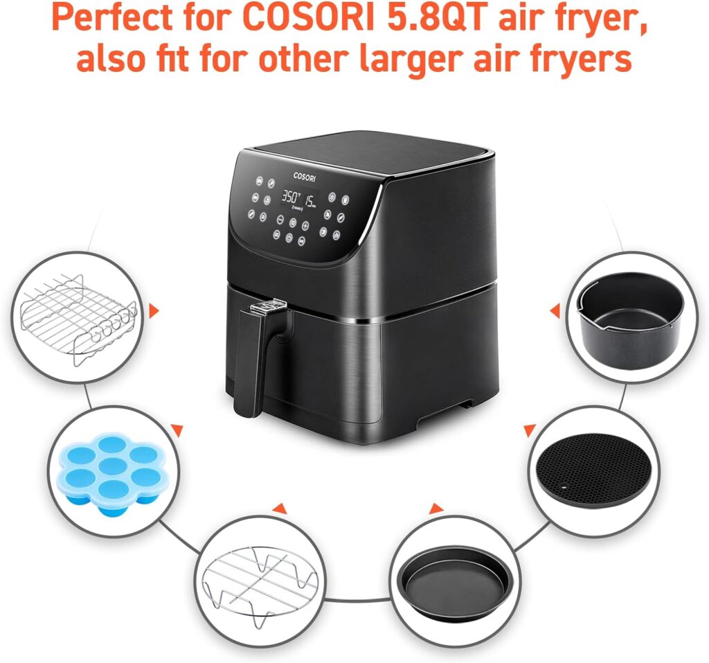 COSORI Air Fryer, 5 Quart Compact Oilless Oven, 30 Recipes, Up to 450℉, Dark Grey  Air Fryer Accessories, Set of 6 Fit for Most 5.8Qt and Larger Oven Cake  Pizza Pan, Black