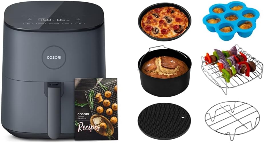 COSORI Air Fryer, 5 Quart Compact Oilless Oven, 30 Recipes, Up to 450℉, Dark Grey  Air Fryer Accessories, Set of 6 Fit for Most 5.8Qt and Larger Oven Cake  Pizza Pan, Black