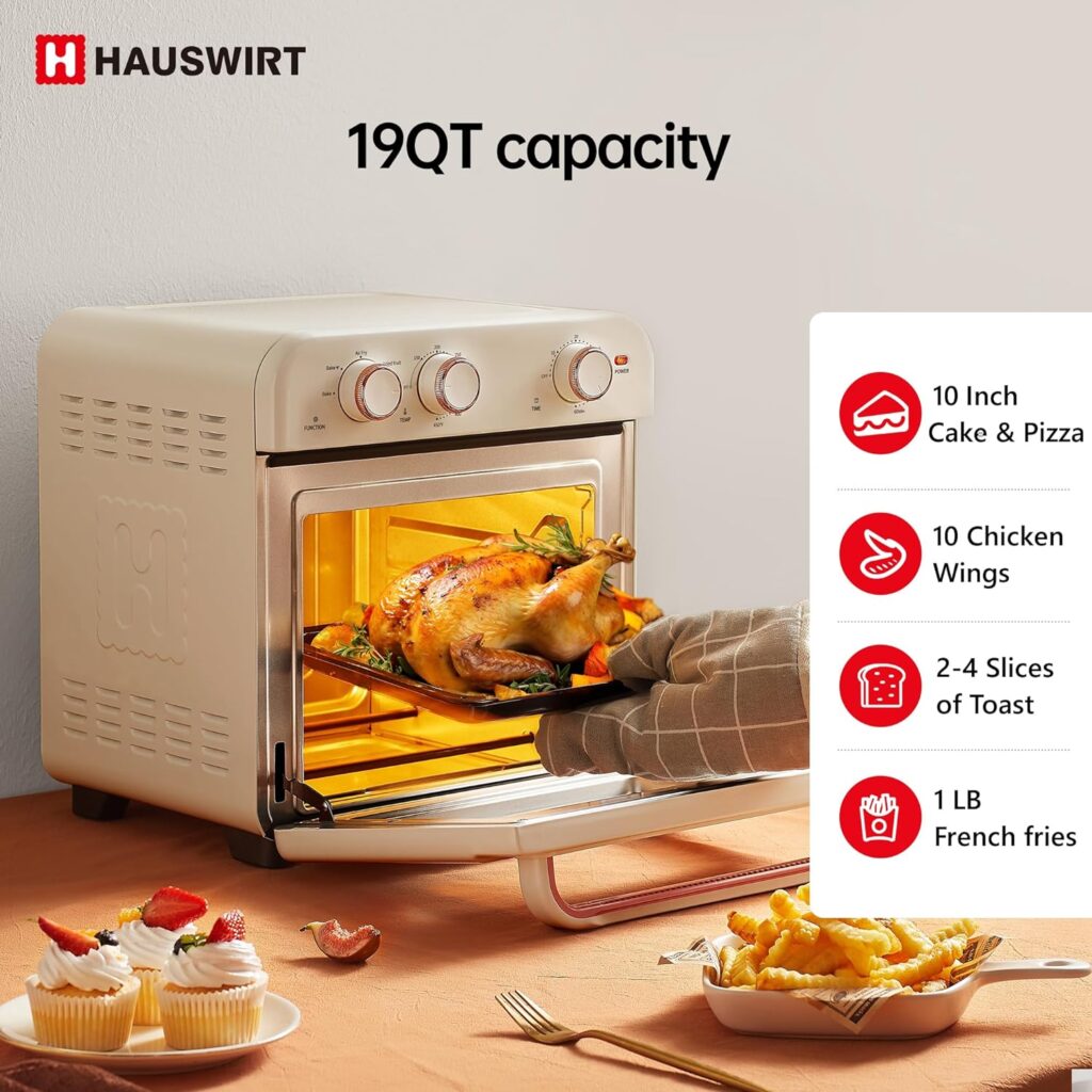 HAUSWIRT Air Fryer Oven K3, 19QT Retro Toaster Oven Air Fryer Combo, Convection Oven Countertop 1250W, 150°F - 450°F, Non-Stick, White