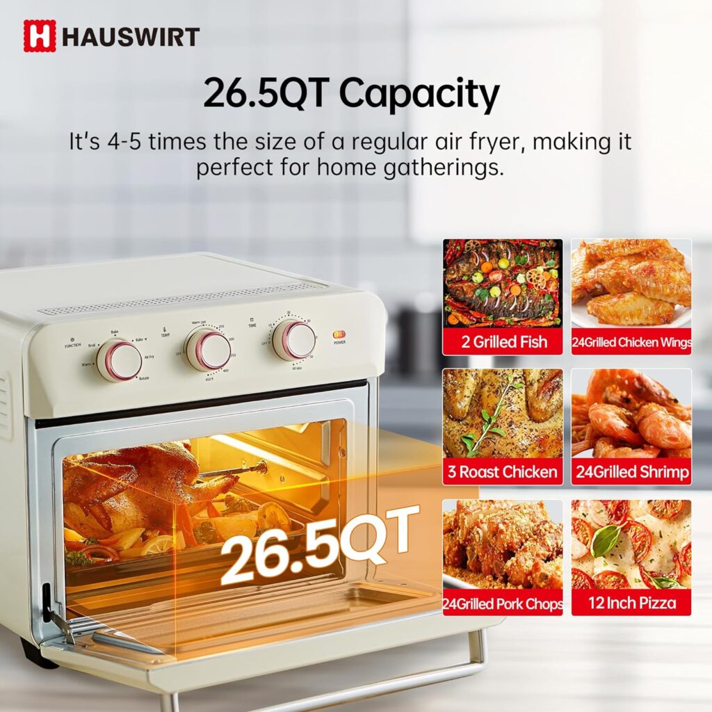 HAUSWIRT Air Fryer Oven K3, 19QT Retro Toaster Oven Air Fryer Combo, Convection Oven Countertop 1250W, 150°F - 450°F, Non-Stick, White