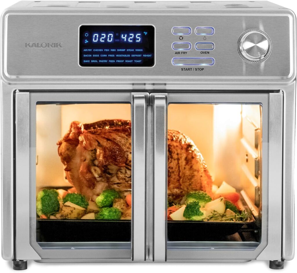 Kalorik 26 QT Digital Maxx Air Fryer Oven with 7 Accessories, Roaster, Broiler, Rotisserie, Dehydrator, Oven, Toaster, Pizza Oven and Slow Cooker. Includes Cookbook. Sears up to 500⁰F. Extra Large Capacity, All in One Appliance. Stainless Steel. AFO 47269 SS