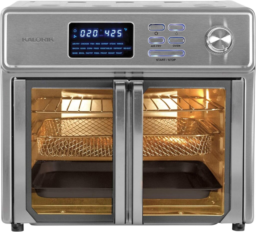 Kalorik 26 QT Digital Maxx Air Fryer Oven with 7 Accessories, Roaster, Broiler, Rotisserie, Dehydrator, Oven, Toaster, Pizza Oven and Slow Cooker. Includes Cookbook. Sears up to 500⁰F. Extra Large Capacity, All in One Appliance. Stainless Steel. AFO 47269 SS