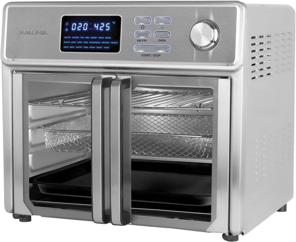 Kalorik 26 QT Digital Maxx Air Fryer Oven with 7 Accessories, Roaster, Broiler, Rotisserie, Dehydrator, Oven, Toaster, Pizza Oven and Slow Cooker. Includes Cookbook. Sears up to 500⁰F. Extra Large Capacity, All in One Appliance. Stainless Steel. AFO 47269 SS