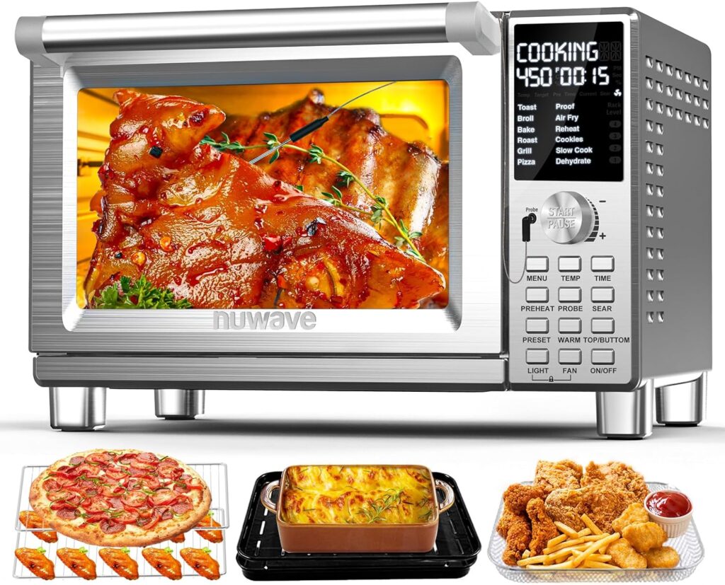 Nuwave Bravo Pro Smart Toaster Oven Countertop, True Air Fryer Combo w/Improved 100% Convection, 35% Crispier, 112 Presets, Customizable Pizza Zones, Integrated Probe, PFAS Free, 30QT, Stainless Steel